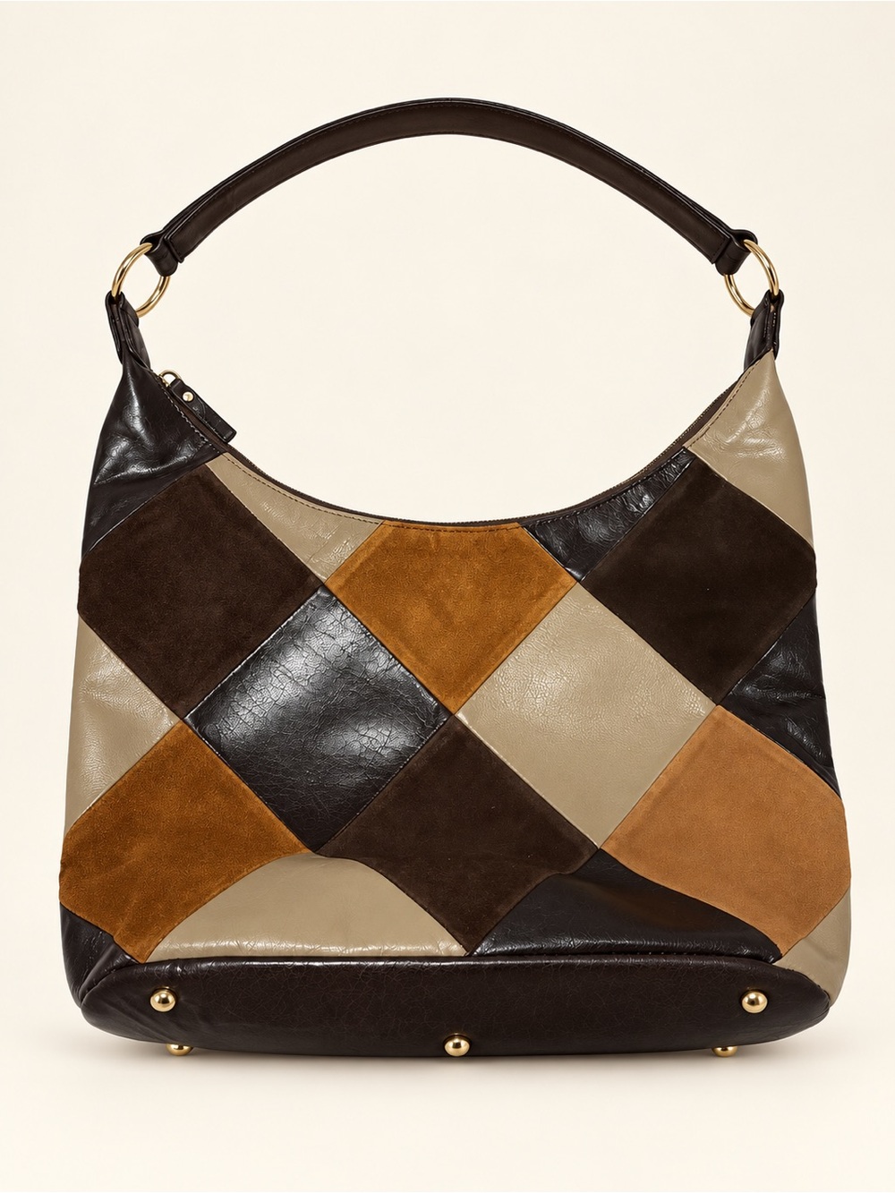 Classic Patchwork Leather Hobo Bag - Brown/Tan/Cream
